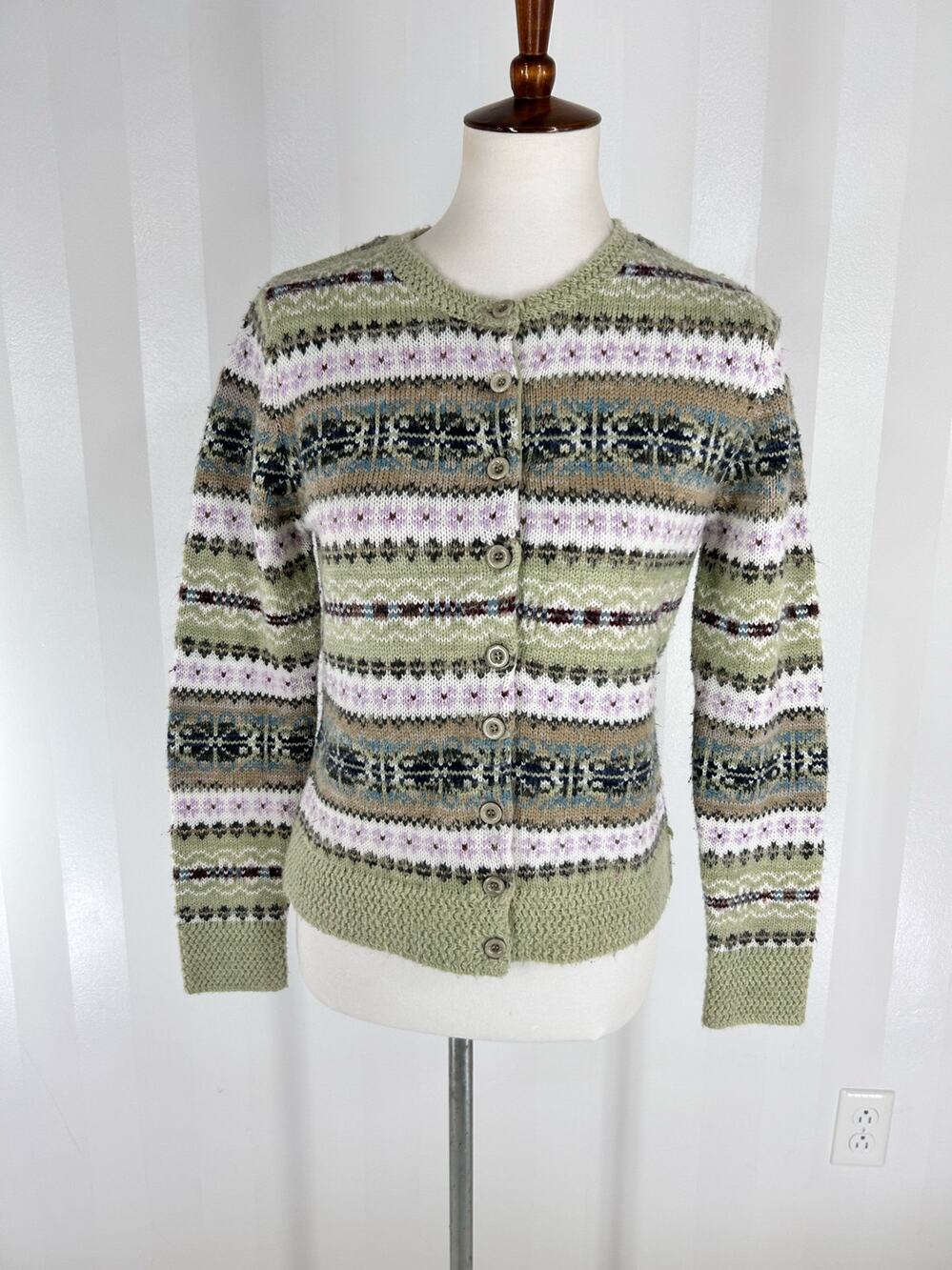 Mountain Lake Fair Isle Nordic Button Front Cardigan Cottagecore Green Sz S